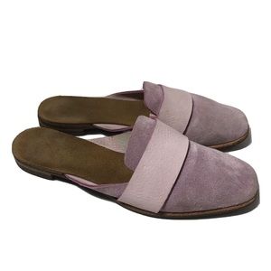 U-Dot pink suede leather mule slides. Size 8. Handcrafted in Japan.